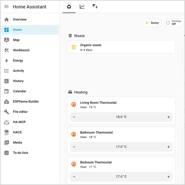 Dashboard of the Mustermensch family's example installation